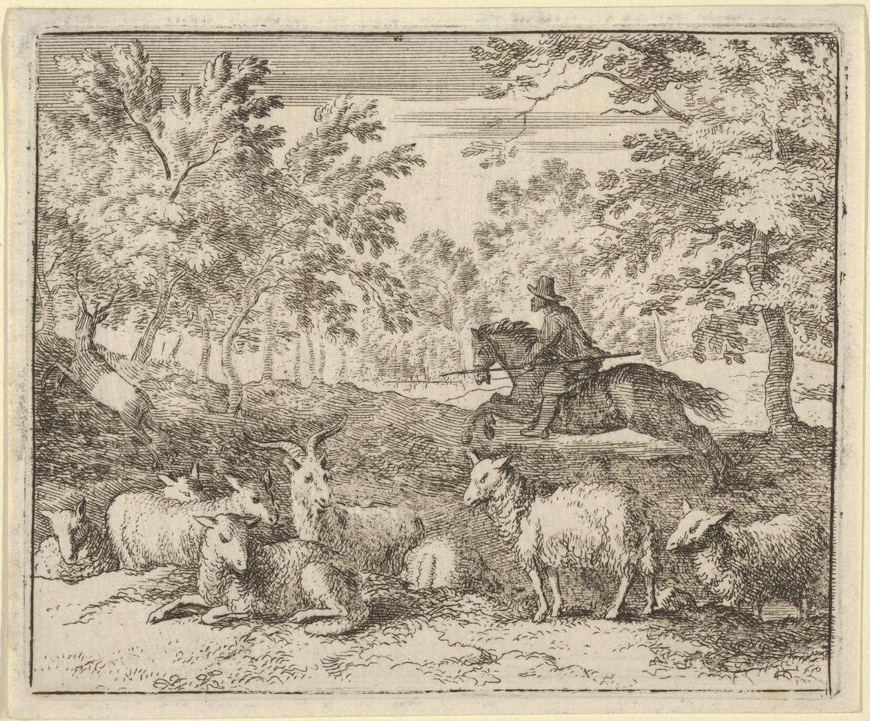 घोड़े की पीठ पर चरवाहा हरिण का पीछा करता है, 1650-75। द्वारा एलर्ट वैन एवरडिंगन