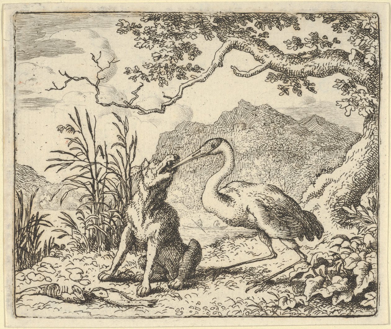 सारस हेंड्रिक वैन एल्कमार की रेनार्ड द एफ..., 1650-75 से भेड़िये के गले से एक हड्डी निकालता है। द्वारा एलर्ट वैन एवरडिंगन