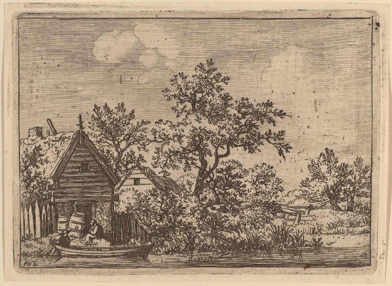 एक झोपड़ी के सामने दो पीपे, शायद c. 16451656. द्वारा एलर्ट वैन एवरडिंगन