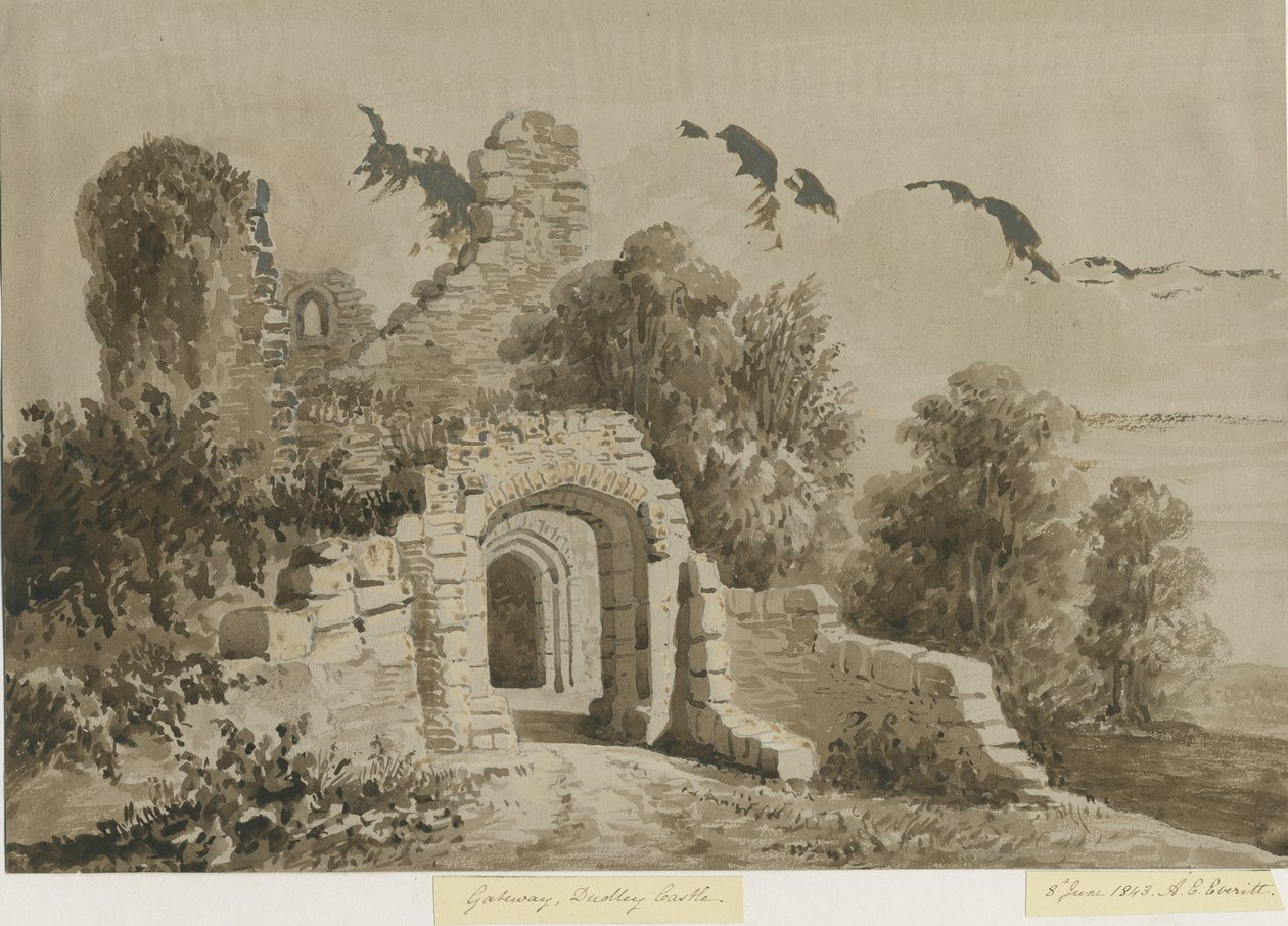 डडली कैसल - द गेटवे: रेड-सेपिया वॉश ड्राइंग, 8 जून 1843 द्वारा एलेन एडवर्ड एवरिट