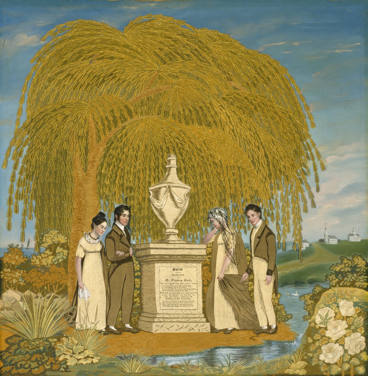 मेमोरियल कशीदाकारी चित्र, सी। 1815-1820 (रेशम तफ़ता, रेशम और रेशम सेनील धागे, और जल रंग) द्वारा अलमीरा attr.to अर्ल