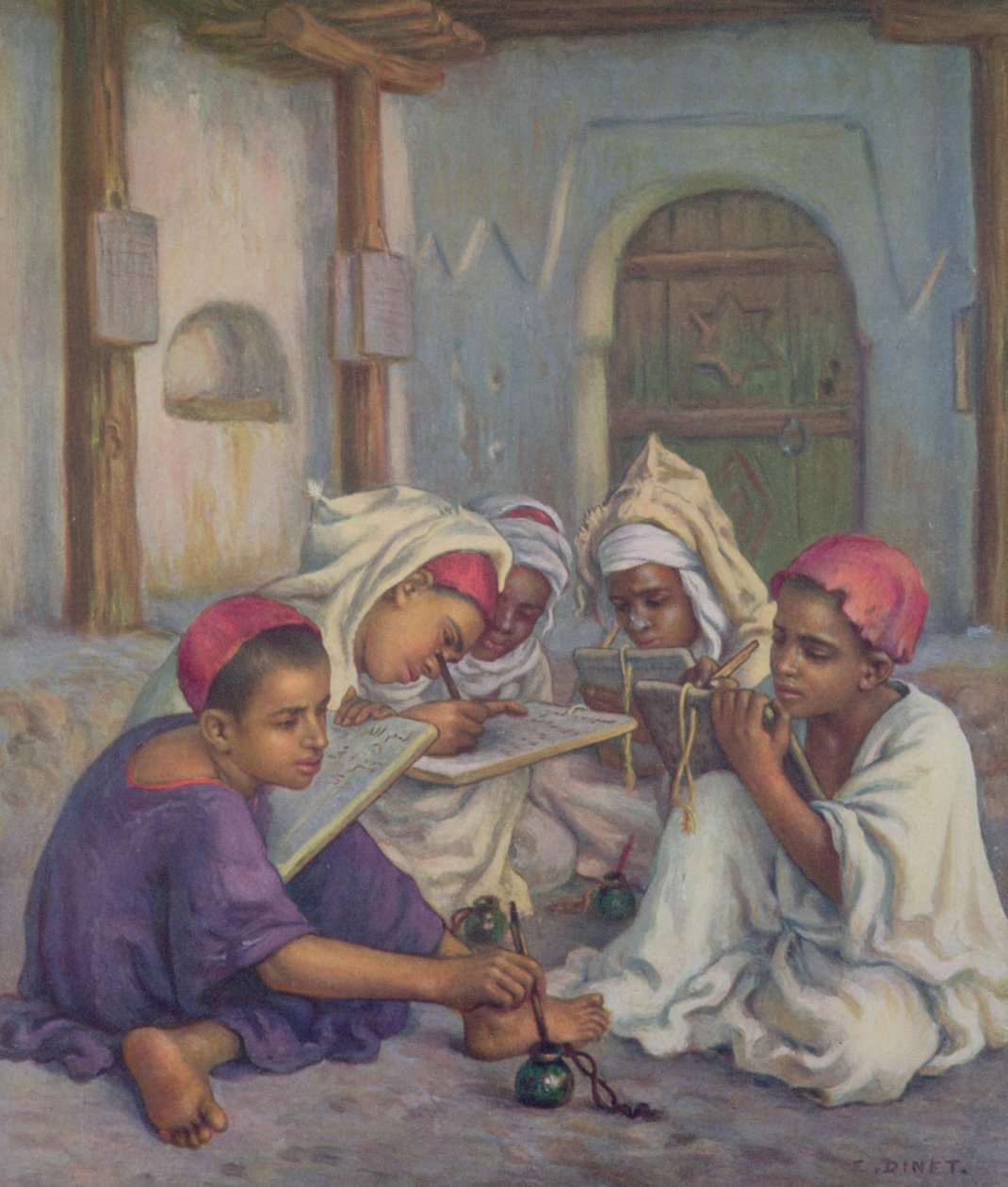1918 में एक अल्जीरियाई गांव में एक कुरान स्कूल में पाठ लेखन द्वारा अल्फोंस एटीन डिनेट