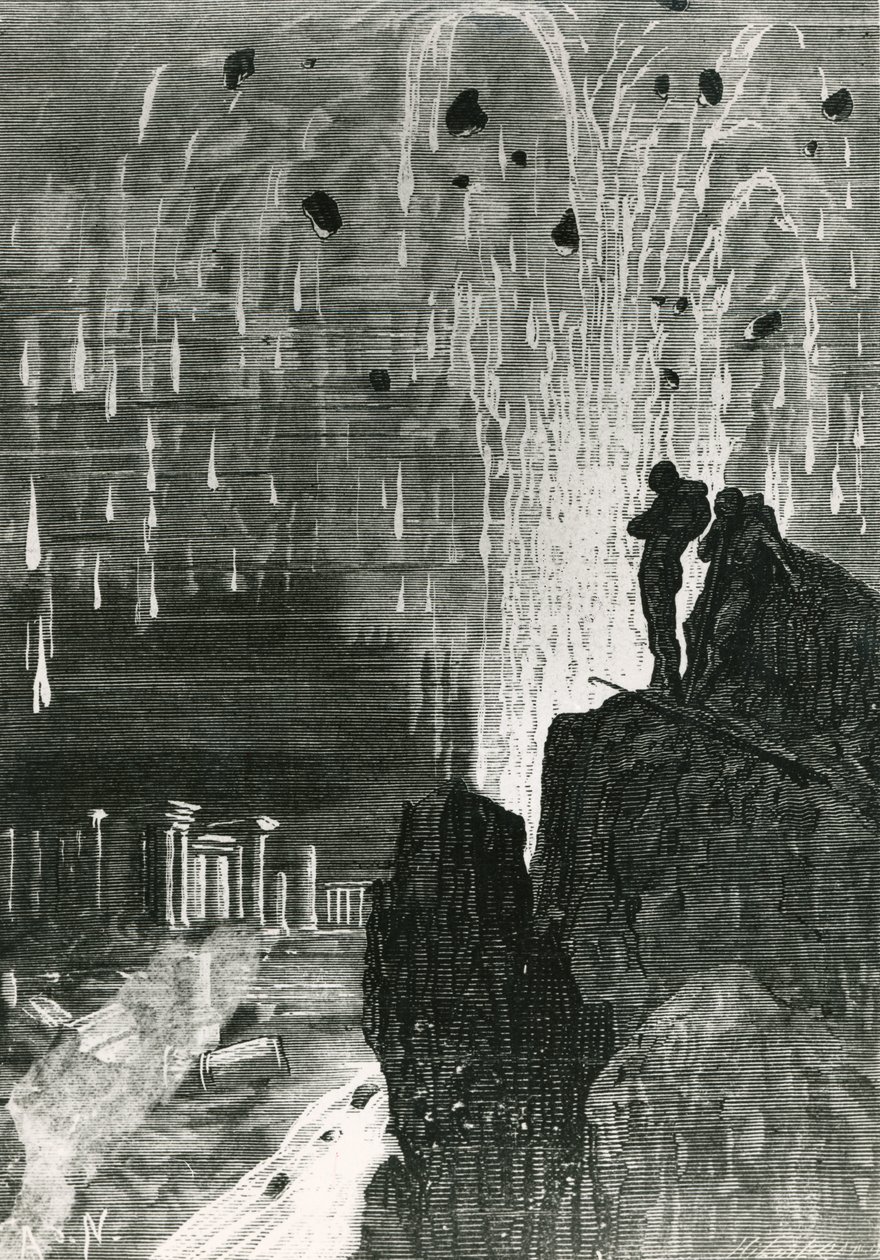 इससे पहले कि मेरी आँखें जूल्स वर्ने (1828-1905) द्वारा हेनरी थियोफाइल हिल्डिब्रैंड (1824-97) 1877 द्वारा उकेरी गई &39;20, 000 लीज अंडर द सी &39;के तहत एक बर्बाद शहर दिखाई दिया द्वारा अल्फोंस मैरी डी न्यूविल