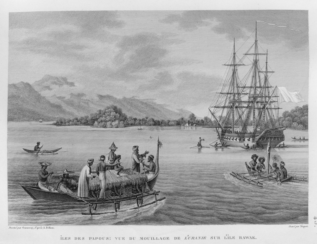 द पैपस आइलैंड्स: न्यूकैट द्वारा उकेरी गई &39;यूरिया 1817-20 के कॉरवेट पर दुनिया भर की यात्रा&39; से, रावक के द्वीप से &39;यूरेनिया&39; का नजारा, 1825 में प्रकाशित द्वारा अल्फोंस पेलियन