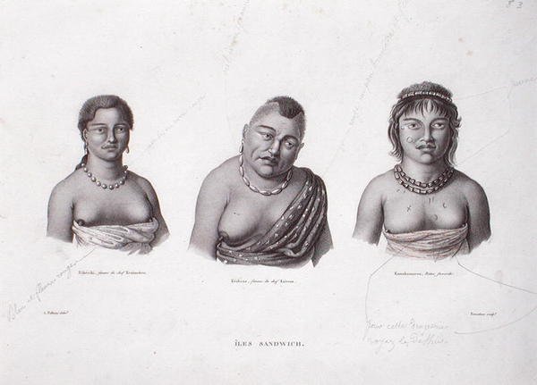 सैंडविच द्वीप समूह के हवाई प्रमुखों की पत्नियाँ, c.1824 (उत्कीर्णन) द्वारा अल्फोंस (बाद में) पेलियन