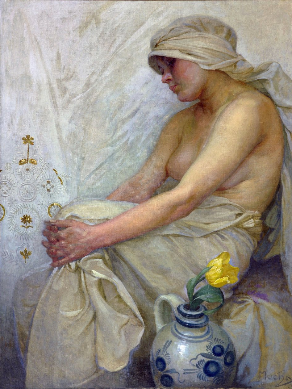मुचा पर सिटिंग गर्ल, अल्फोंस मैरी (1860-1939), c. 1914 - कैनवास पर तापमान, 80x60 - निजी संग्रह द्वारा अल्फोंस मुचा