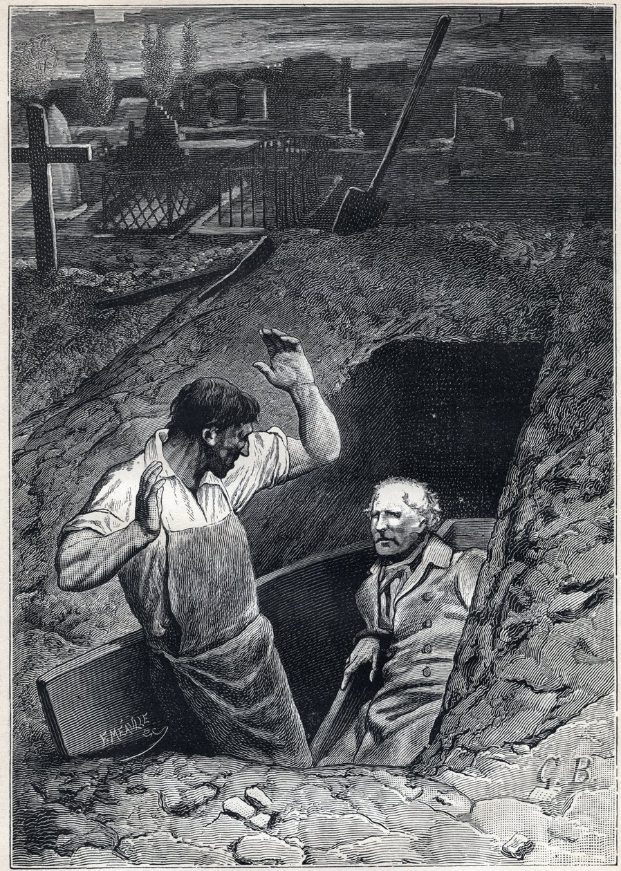 एक पुनरुत्थान लगभग एक मृत्यु के समान ही भयावह है: फौचेलेवेंट और जीन वलजेन - विक्टर ह्यूगो द्वारा "लेस दिसियस - सेकेंड पार्ट: कोसेट" के लिए अल्फोंस डी न्यूविल (1836-1885) द्वारा चित्रण द्वारा अल्फोंस मैरी डी न्यूविल