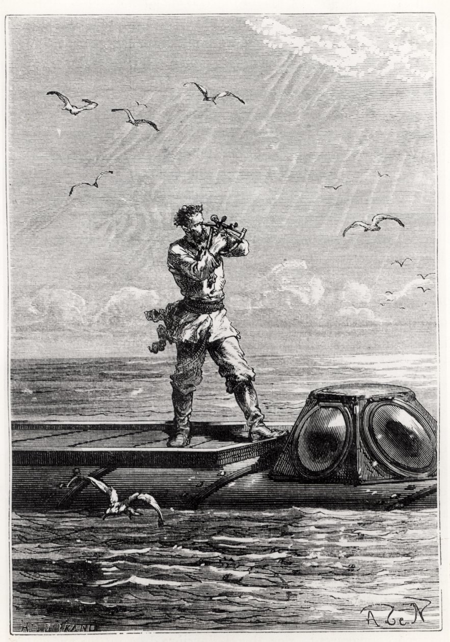 जूल्स वर्ने (1828-1905) द्वारा हेनरी थियोफाइल हिल्डिब्रैंड (1824-97) द्वारा उकेरी गई &39;20, 000 लीव्स द सी &39;अंडर द नॉटिलस के शीर्ष पर कप्तान निमो। द्वारा अल्फोंस मैरी डी न्यूविल