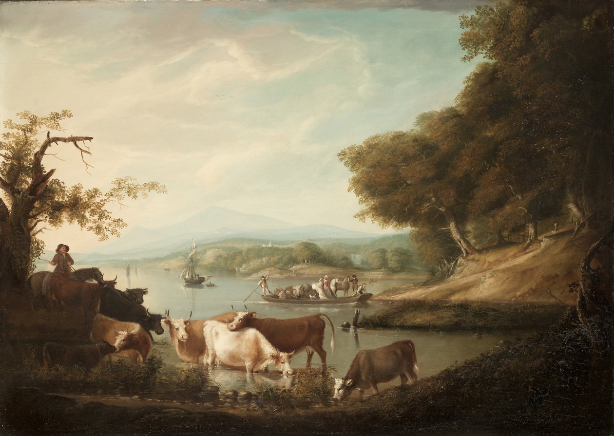 ए कैलम वाटरिंग प्लेस - 1816, मवेशी के साथ व्यापक और असीम दृश्य द्वारा अल्वान फिशर