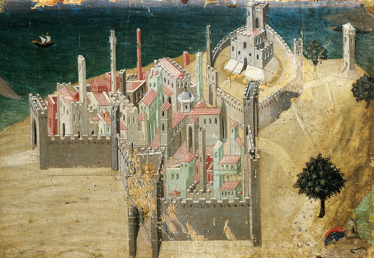 समुद्र के द्वारा शहर, एम्ब्रोगियो लोरेंजेटी द्वारा (1290-सीए 1348) टेम्परा और लकड़ी पर सोना, 22.5x33.5 सेमी द्वारा एम्ब्रोगियो लोरेंजेटी