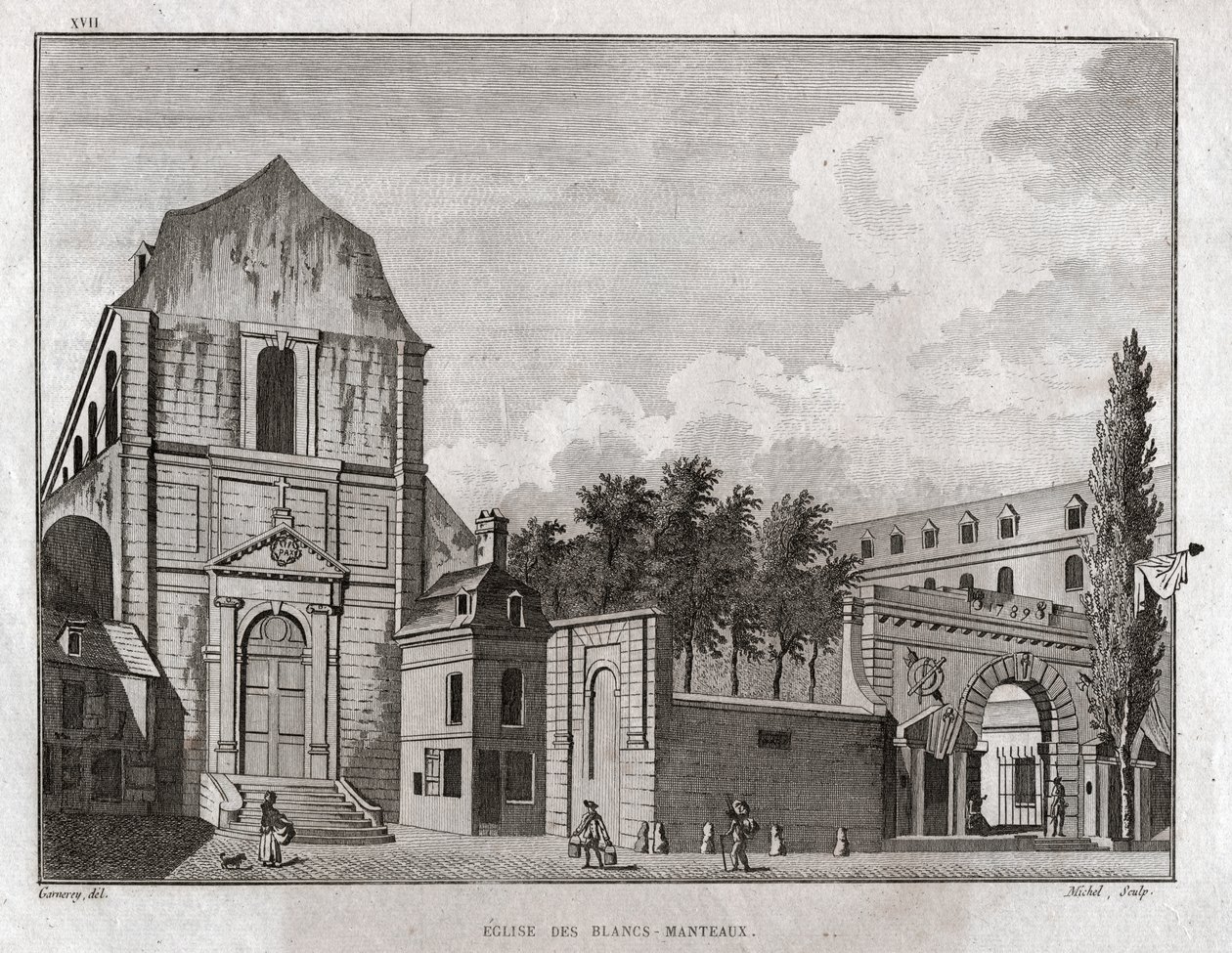 पेरिस में मरैस जिले में ब्लैंक्स मंटियो का चर्च। लगभग 1780 (उत्कीर्णन) द्वारा एम्ब्रोज़ लुई गार्नेरे