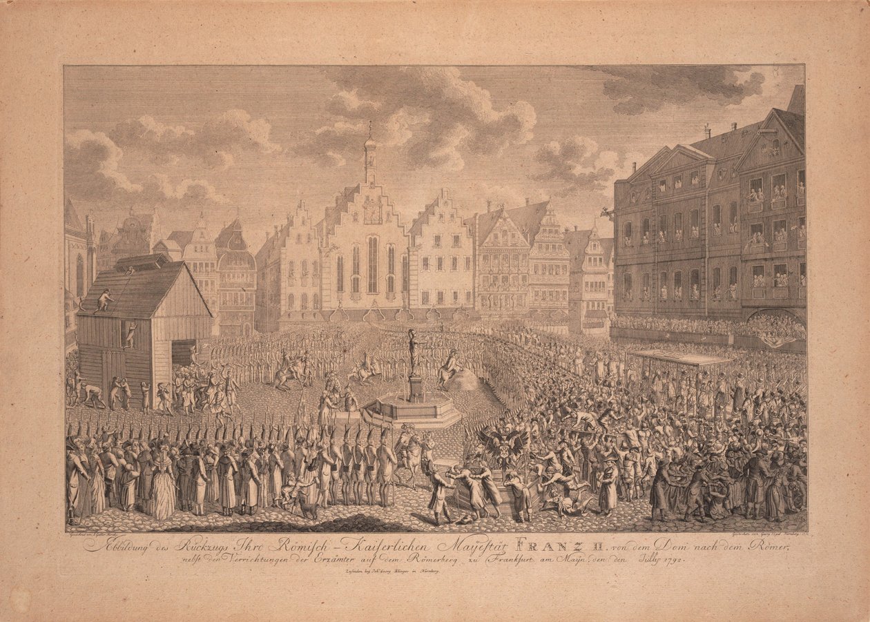 जुलाई 1792 में फ्रैंकफर्ट कैथेड्रल से रोमरबर्ग तक फ्रांसिस द्वितीय का राज्याभिषेक जुलूस द्वारा एम्ब्रोसियस गेबलर