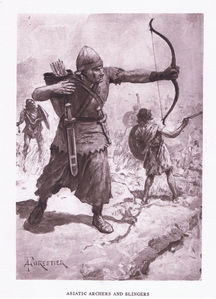 एशियाई धनुर्धर और गोफन, रोमन सैनिक, 1928 से चित्रण द्वारा अमेदी फॉरेस्टियर
