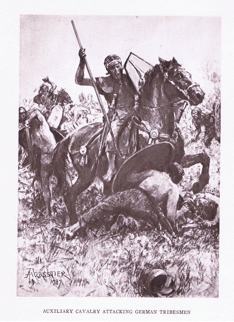 जर्मन जनजातियों पर हमला करने वाली सहायक सेना, रोमन सैनिक का चित्रण, 1928 द्वारा अमेदी फॉरेस्टियर