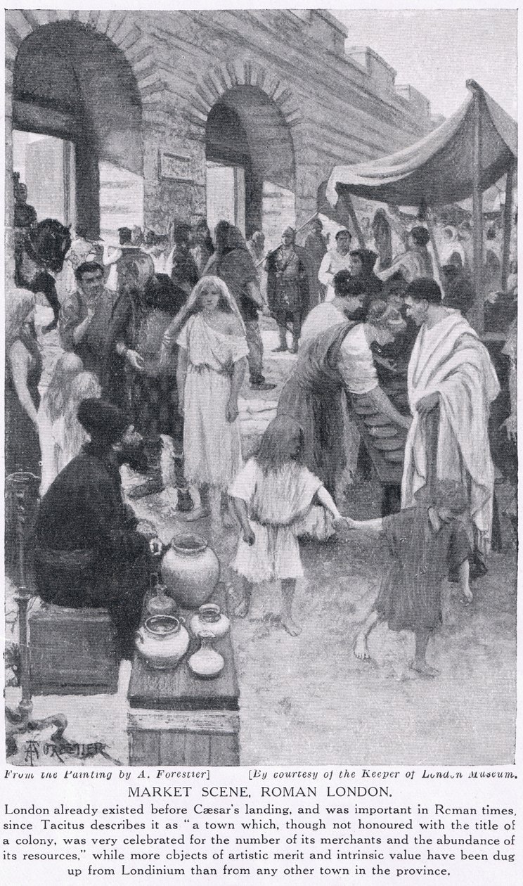 रोमन बाजार का दृश्य, लंदन, &39;हचिन्सन हिस्ट्री ऑफ द नेशंस&39; का चित्रण, c.1910 द्वारा अमेदी फॉरेस्टियर
