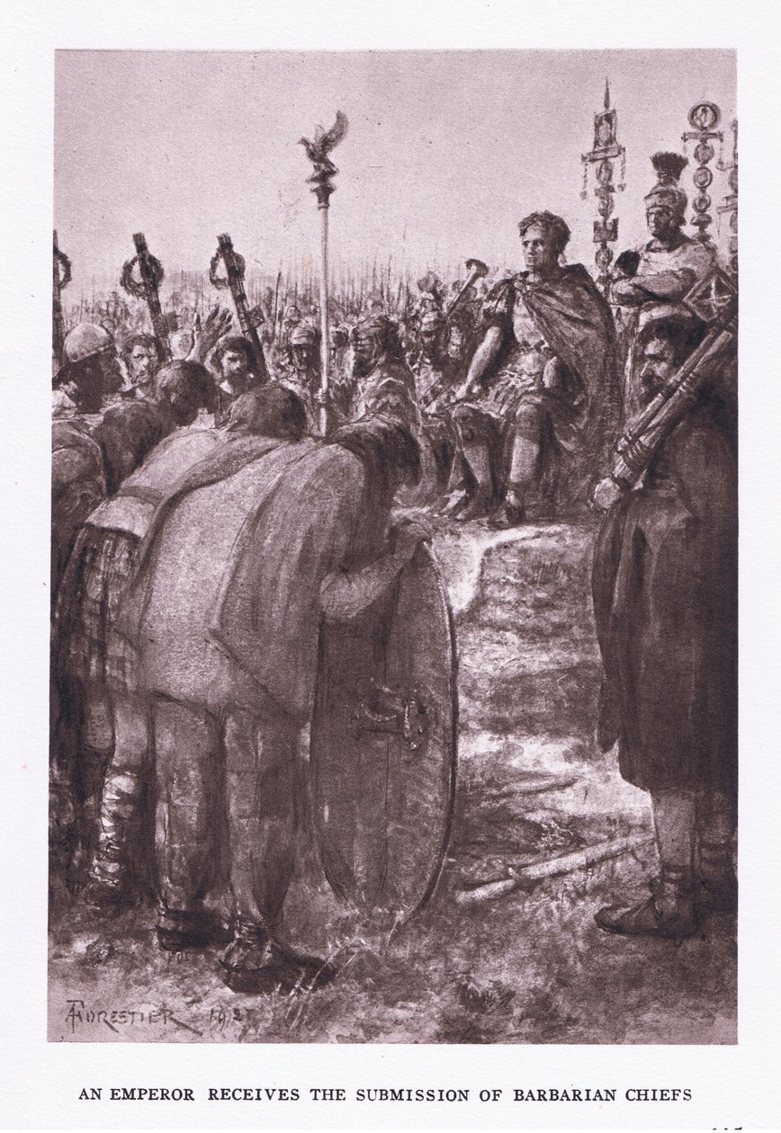 सम्राट को बर्बरीक प्रमुखों का परिचय प्राप्त होता है, रोमन सोल्जर, 1928 से चित्रण द्वारा अमेदी फॉरेस्टियर