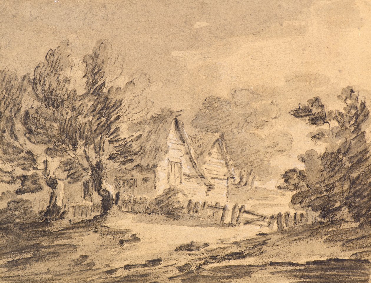 लैंडस्केप में कॉटेज, c.1805 (चॉक, चारकोल और वॉश) द्वारा अमेलिया लोंग