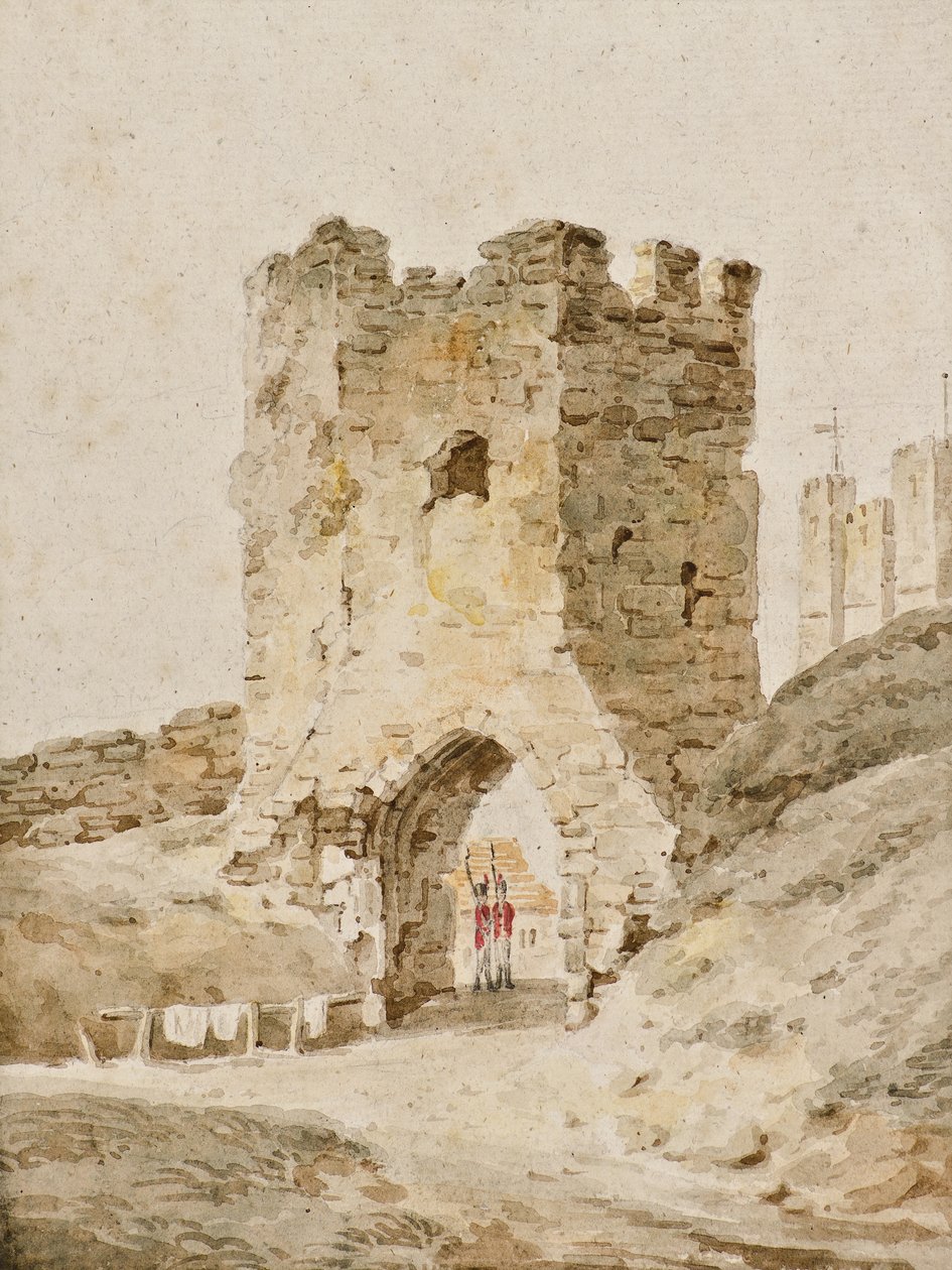 डोवर कैसल में ड्यूटी पर दो सैनिक, c.1805 (वाटर कलर) द्वारा अमेलिया लोंग