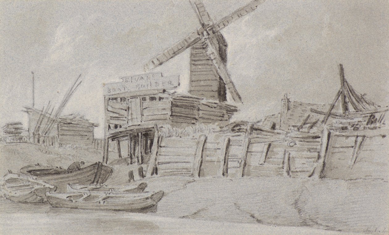 पवनचक्की और नाव यार्ड, c.1803 (लकड़ी का कोयला, पेंसिल और वॉश) द्वारा अमेलिया लोंग
