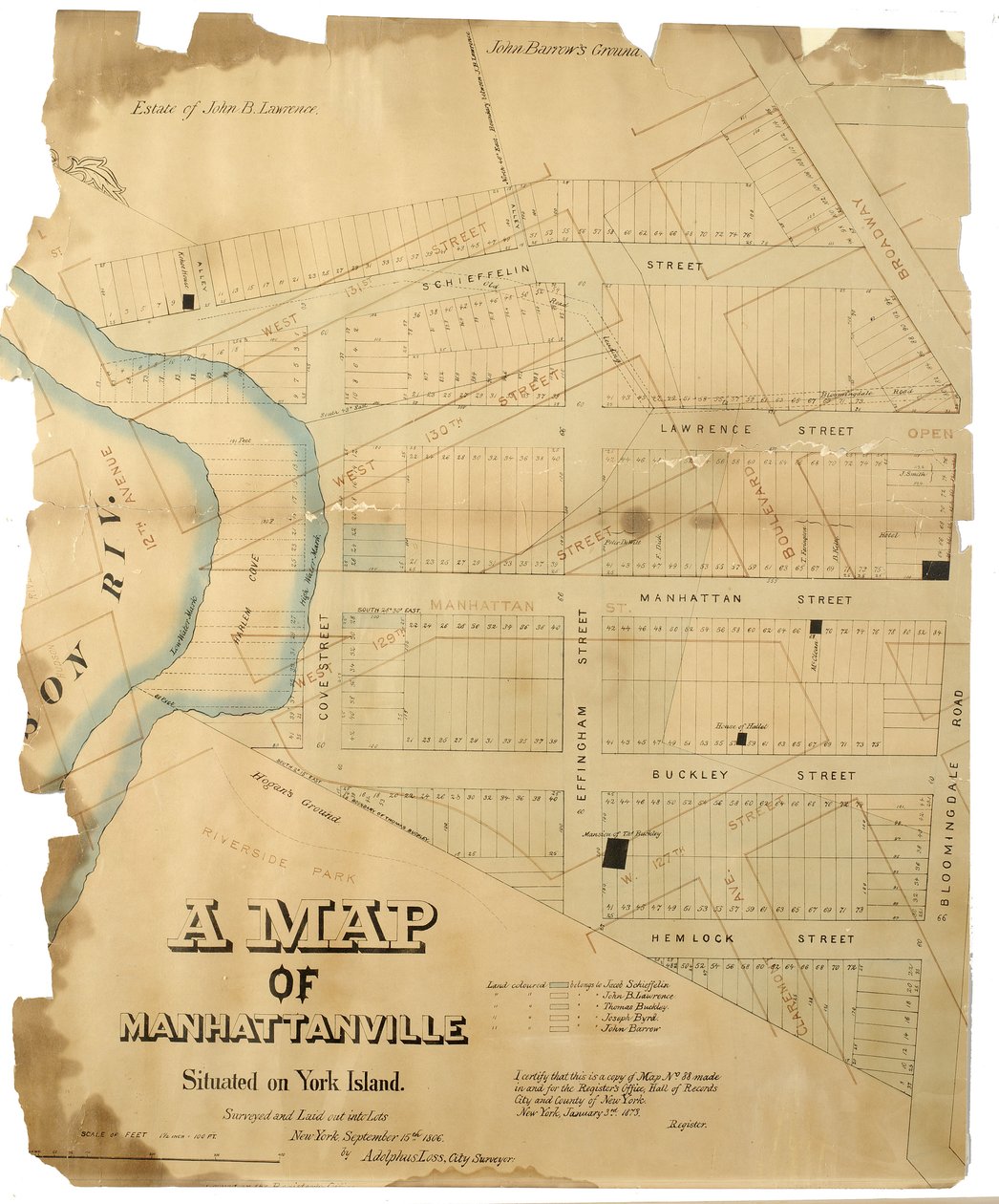 यॉर्क द्वीपसमूह पर स्थित मैनहट्टनविले का एक नक्शा और एडोल्फस लॉस, 1806 (पेन-एंड-इंक (काला और रंग), कागज पर पानी के रंग का; कपड़े पर रखा हुआ) द्वारा बहुत से लोगों को लगाया गया। द्वारा अमेरिकी स्कूल