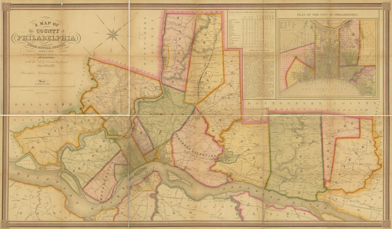 वास्तविक सर्वेक्षण, 1843 से फिलाडेल्फिया काउंटी का एक नक्शा द्वारा अमेरिकी स्कूल