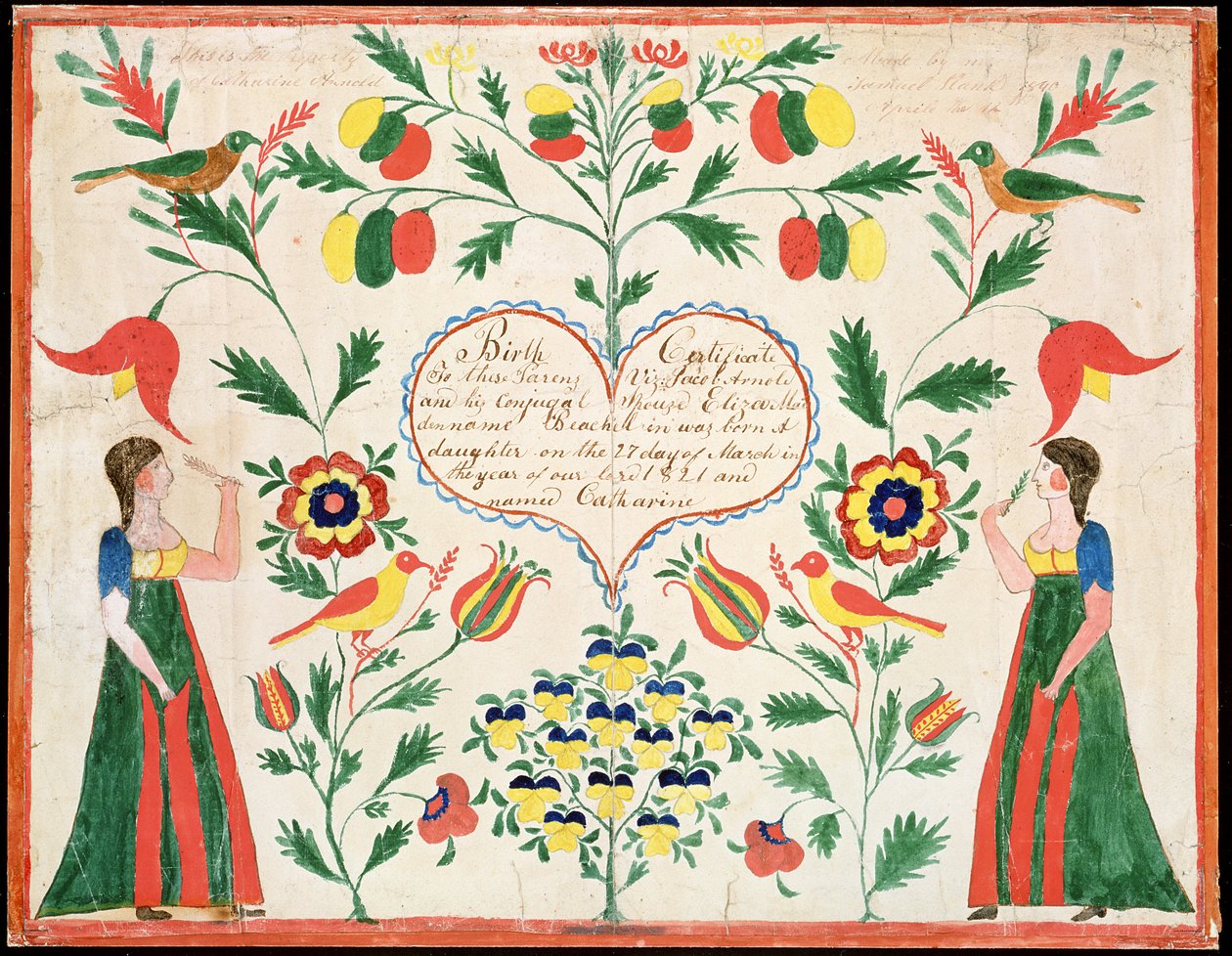 जन्म प्रमाणपत्र, 1821 (कागज पर कलम और स्याही और wc) द्वारा अमेरिकी स्कूल