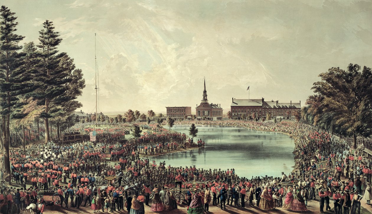 फायरमैन मस्टर, मेरिमैक स्क्वायर, मैनचेस्टर, न्यू हैम्पशायर, 1859 द्वारा अमेरिकी स्कूल