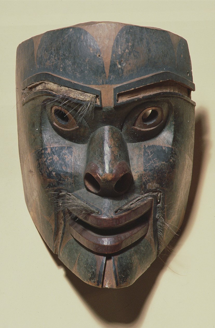 Kwakiutl मानव चेहरा मुखौटा, c.1875 (चित्रित लकड़ी) द्वारा अमेरिकी स्कूल