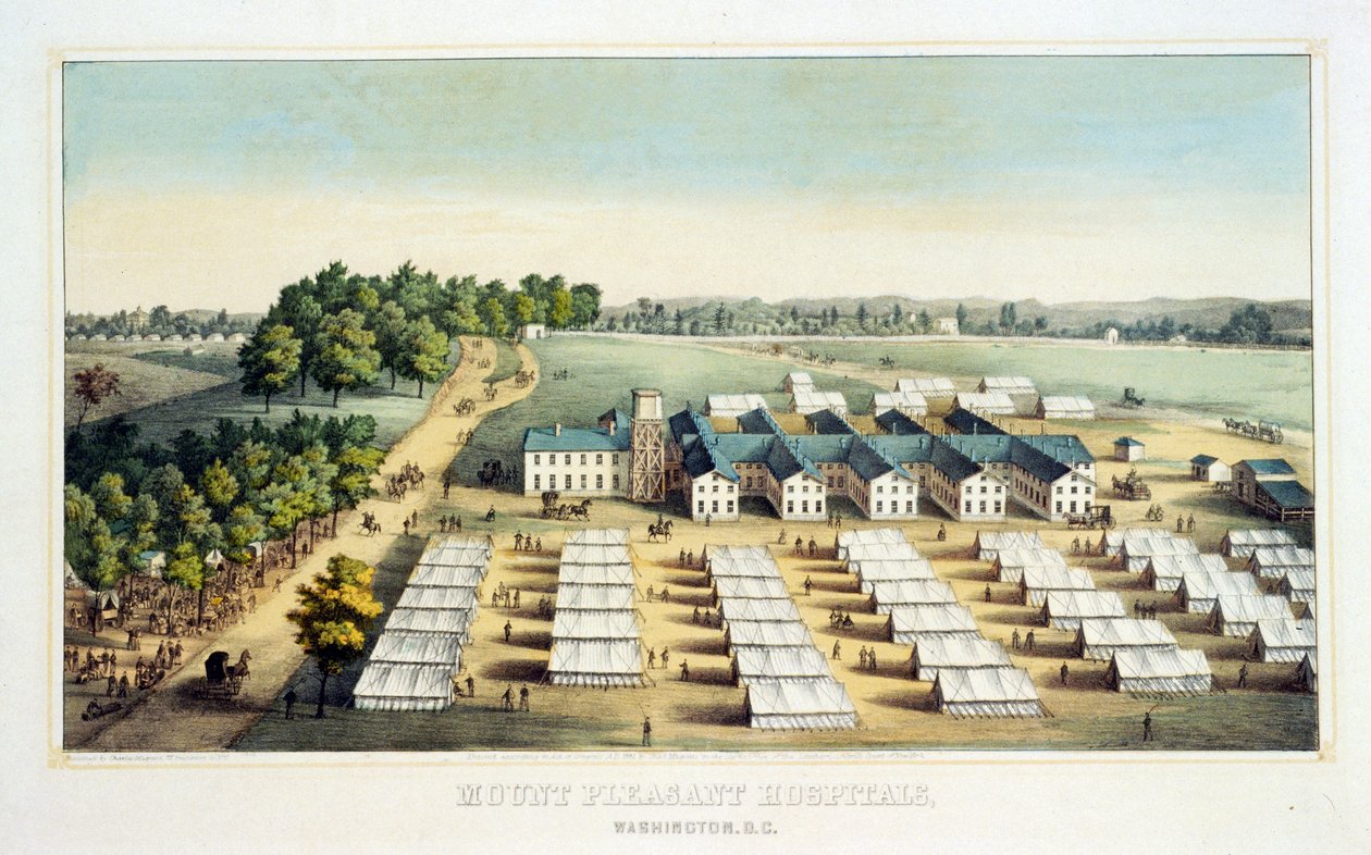 माउंट सुखद अस्पताल, वाशिंगटन, डीसी, पब। 1862 (रंग लिथोग्राफ) द्वारा अमेरिकी स्कूल