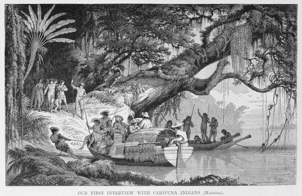 फ्रेज़र केलर, 1874 द्वारा &39;द अमेजन और मेडिरा रिवर&39; से कारिपुना भारतीयों के साथ हमारा पहला साक्षात्कार द्वारा अमेरिकी स्कूल