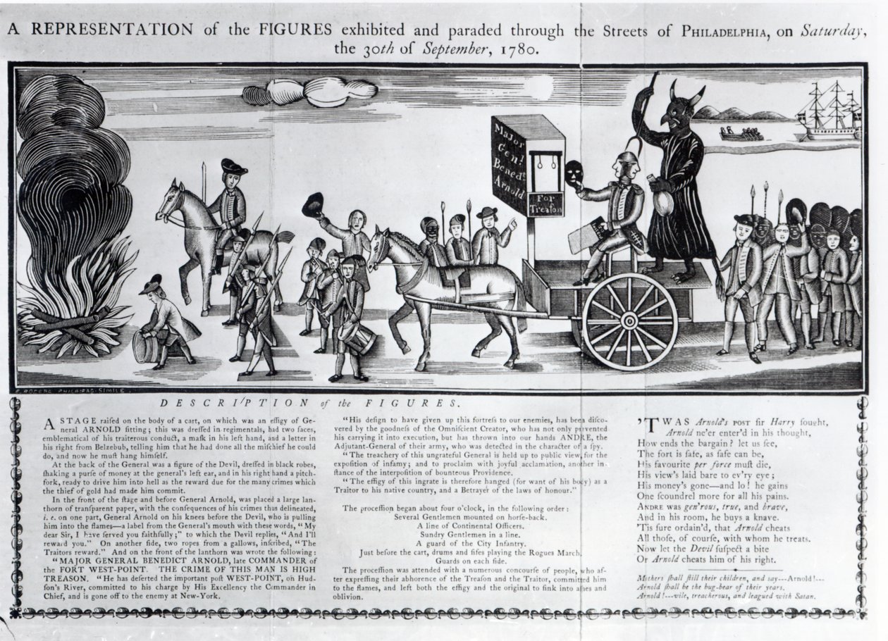शनिवार 30 सितंबर 1780 को फिलाडेल्फिया की सड़कों के माध्यम से प्रदर्शित और परेड की गई आंकड़ों का प्रतिनिधित्व द्वारा अमेरिकी स्कूल