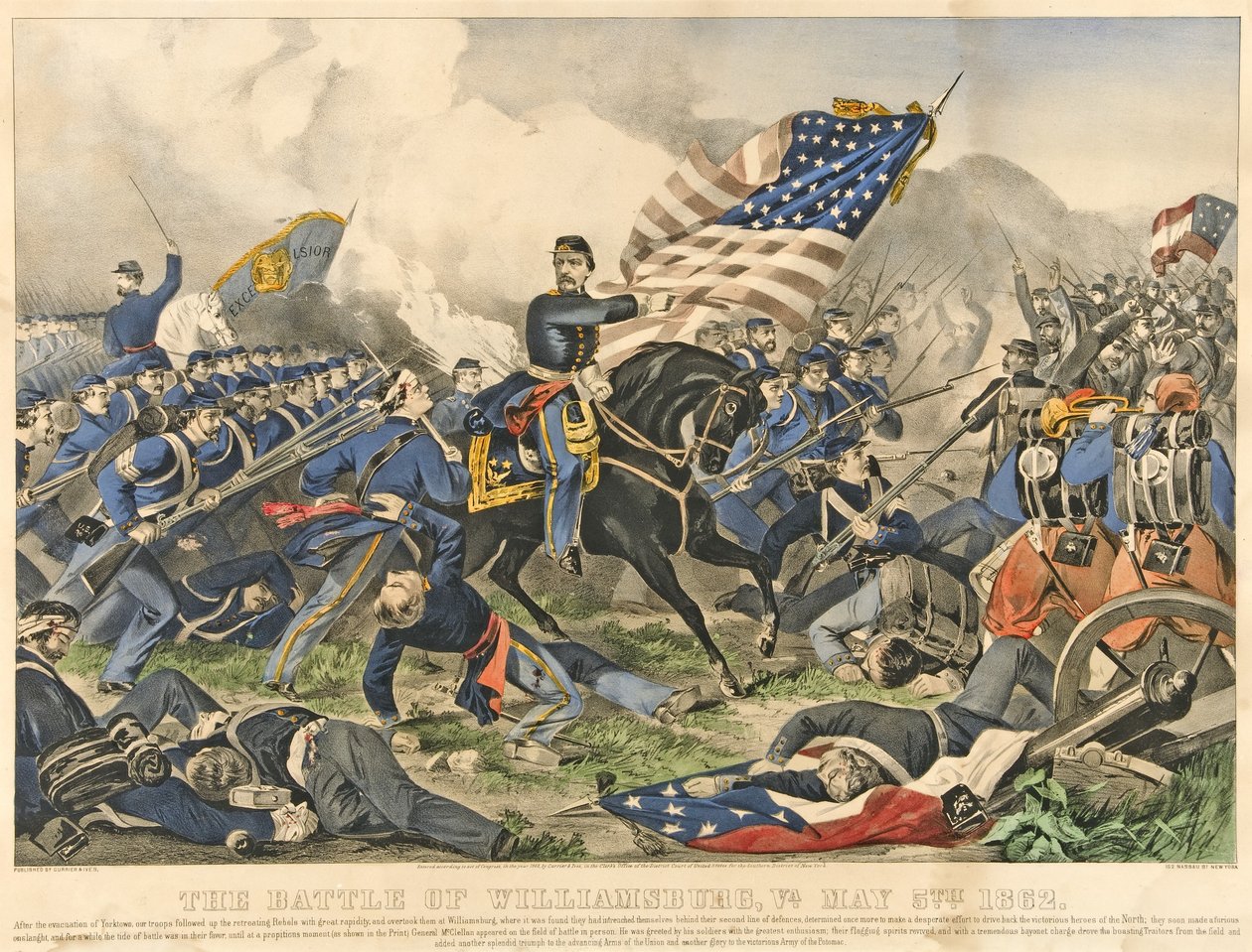 विलियम्सबर्ग की लड़ाई, VA, 5 मई, 1852, पब 1862 (हाथ के रंग का उत्कीर्णन) द्वारा अमेरिकी स्कूल