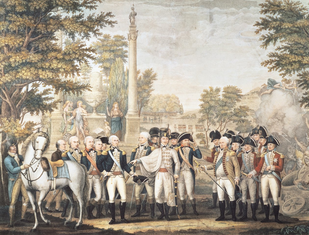 अक्टूबर 1781 को यॉर्कटाउन, वर्जीनिया में अपनी हार के बाद जनरल वाशिंगटन के सामने ब्रिटिश समर्पण द्वारा अमेरिकी स्कूल
