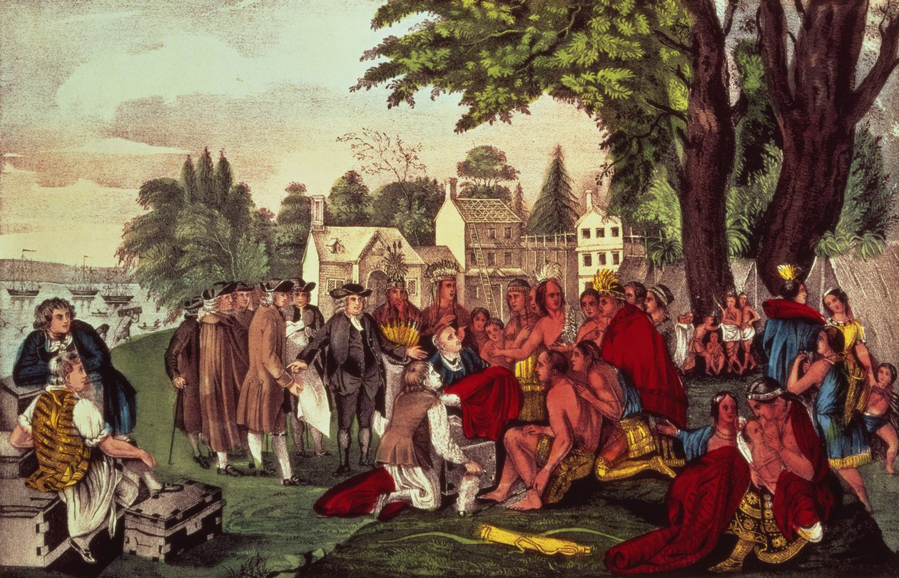 भारतीयों के साथ विलियम पेन की संधि, जब उन्होंने 1661 में पेन्सिलवेनिया प्रांत की स्थापना की। क्यूरियर und Ives द्वारा द्वारा अमेरिकी स्कूल
