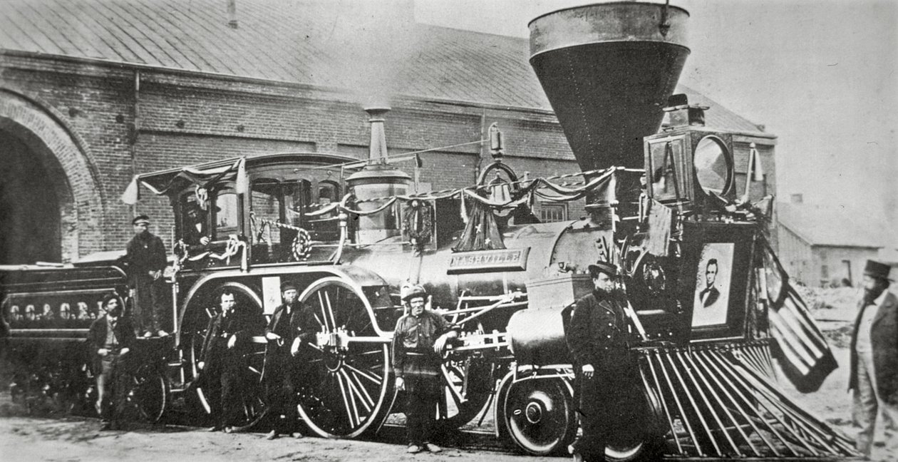 1865 में अब्राहम लिंकन (1809-65) की अंतिम संस्कार ट्रेन खींचने वाला लोकोमोटिव (बी/डब्ल्यू फोटो) द्वारा अमेरिकी फोटोग्राफर