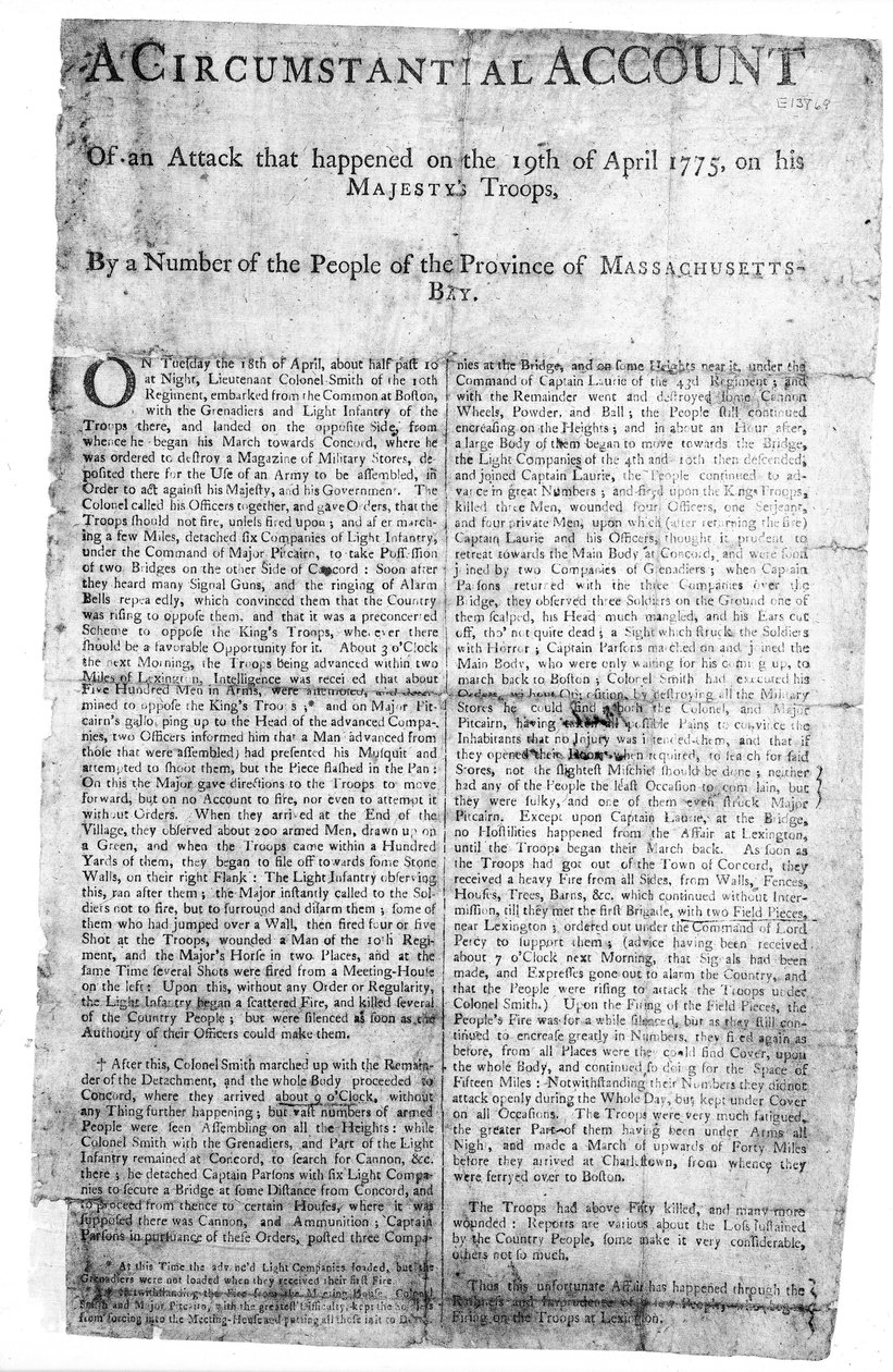 हमले का एक वृत्ताकार खाता ..., 1775 (प्रिंट) द्वारा अमेरिकी स्कूल