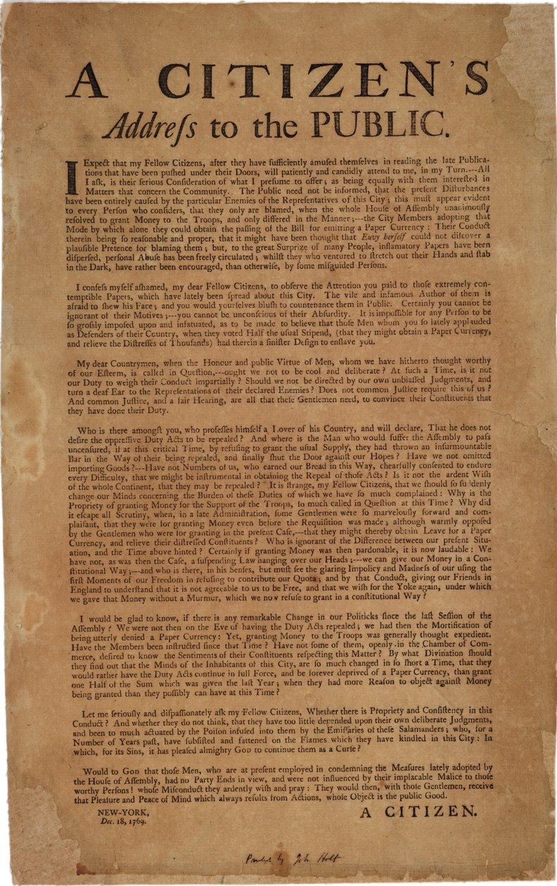 जनता के लिए एक नागरिक पता फिर से: शाही सैनिकों का समर्थन, 18 दिसंबर 1769 द्वारा अमेरिकी स्कूल
