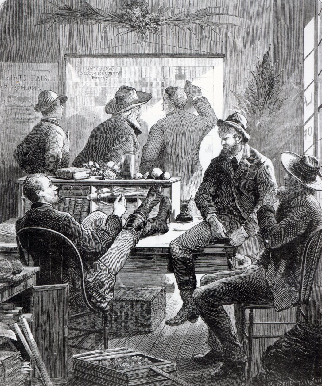 11 जुलाई 1874 को &39;हार्पर वीकली&39; से एक कंसास लैंड ऑफिस द्वारा अमेरिकी स्कूल
