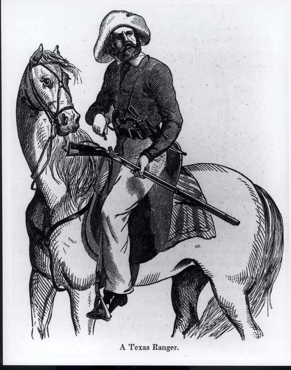 एक टेक्सास रेंजर, 1848 में जॉन फ्रॉस्ट द्वारा &39;पिक्टोरियल हिस्ट्री ऑफ मैक्सिको एंड द मैक्सिकन वॉर&39; का चित्रण द्वारा अमेरिकी स्कूल