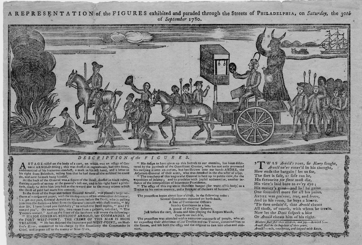 30 सितंबर 1780 को शनिवार को फिलाडेल्फिया की सड़कों के माध्यम से प्रदर्शित और परेड किए गए आंकड़ों का एक प्रतिनिधित्व द्वारा अमेरिकी स्कूल