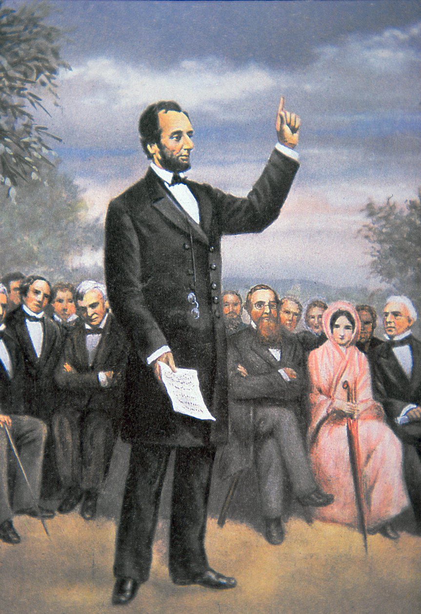 अब्राहम लिंकन (1809-65) गेट्सबर्ग, पेनसिल्वेनिया में नवंबर 1863 में गेटिसबर्ग का पता देते हुए (कलर लिथो) द्वारा अमेरिकी स्कूल