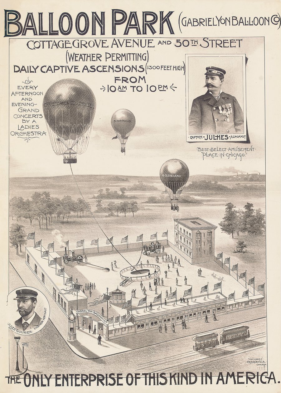 शिकागो, अमेरिका में एक बैलून पार्क के लिए विज्ञापन पोस्टर, c.1888 द्वारा अमेरिकी स्कूल