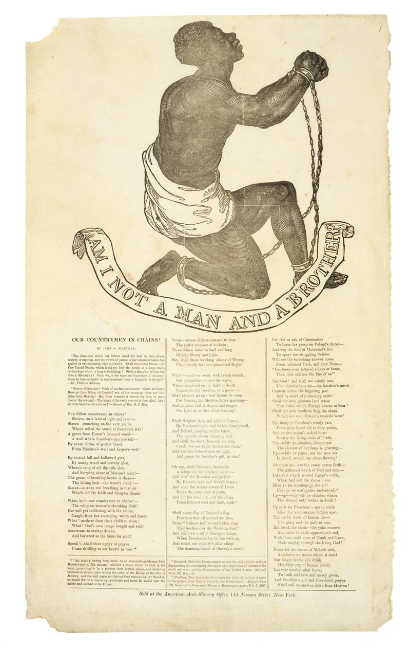 क्या मैं एक आदमी और एक भाई नहीं हूँ ?, c. 1837 (वोव पेपर पर लकड़ी की नक्काशी) द्वारा अमेरिकी स्कूल