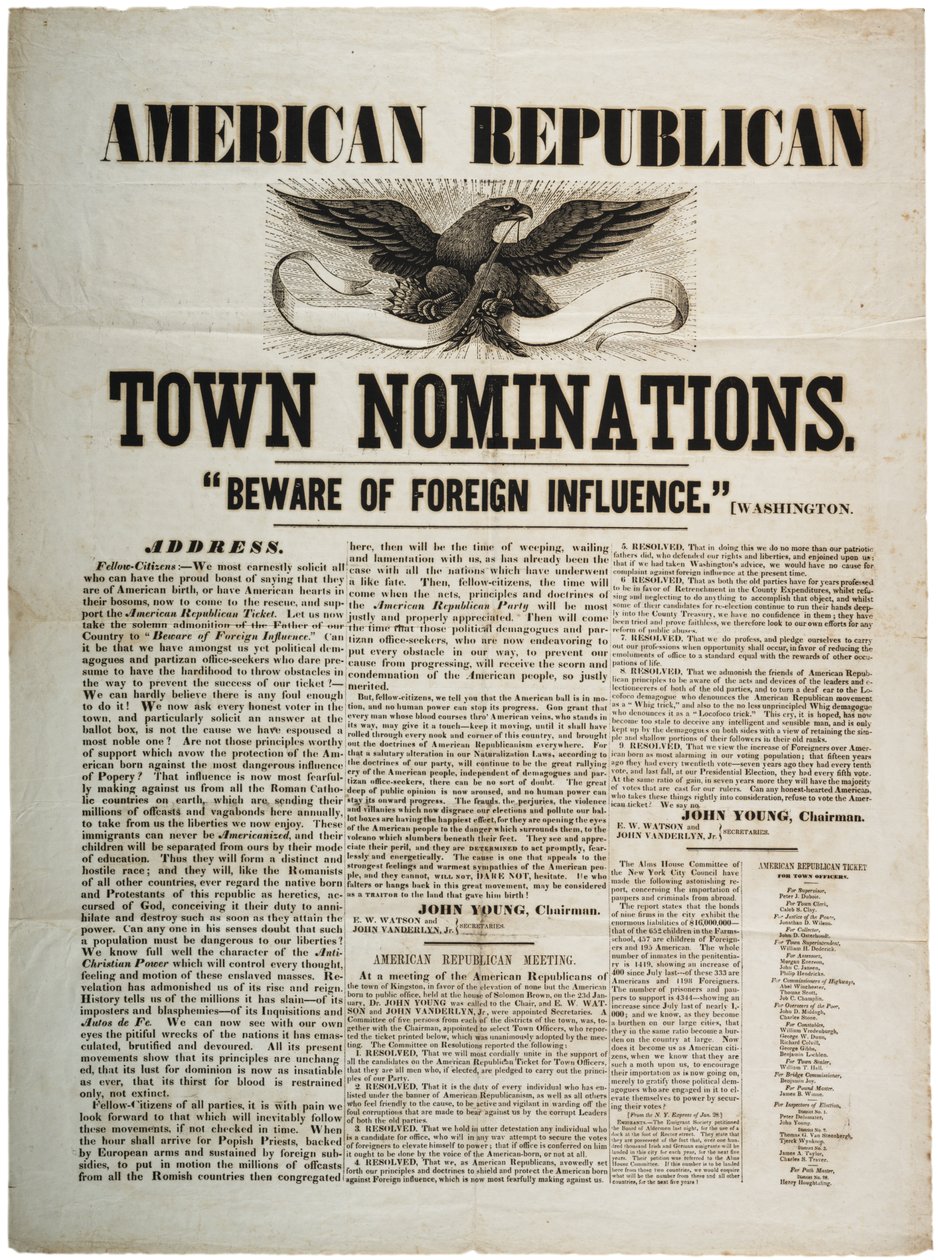 अमेरिकन रिपब्लिकन टाउन नामांकन: विदेशी प्रभाव से सावधान रहें, c.1845 द्वारा अमेरिकी स्कूल