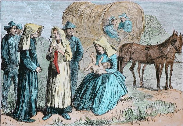 अमेरिकन वैगन ट्रेन पायनियर्स, c.1860 (रंगीन उत्कीर्णन) द्वारा अमेरिकी स्कूल
