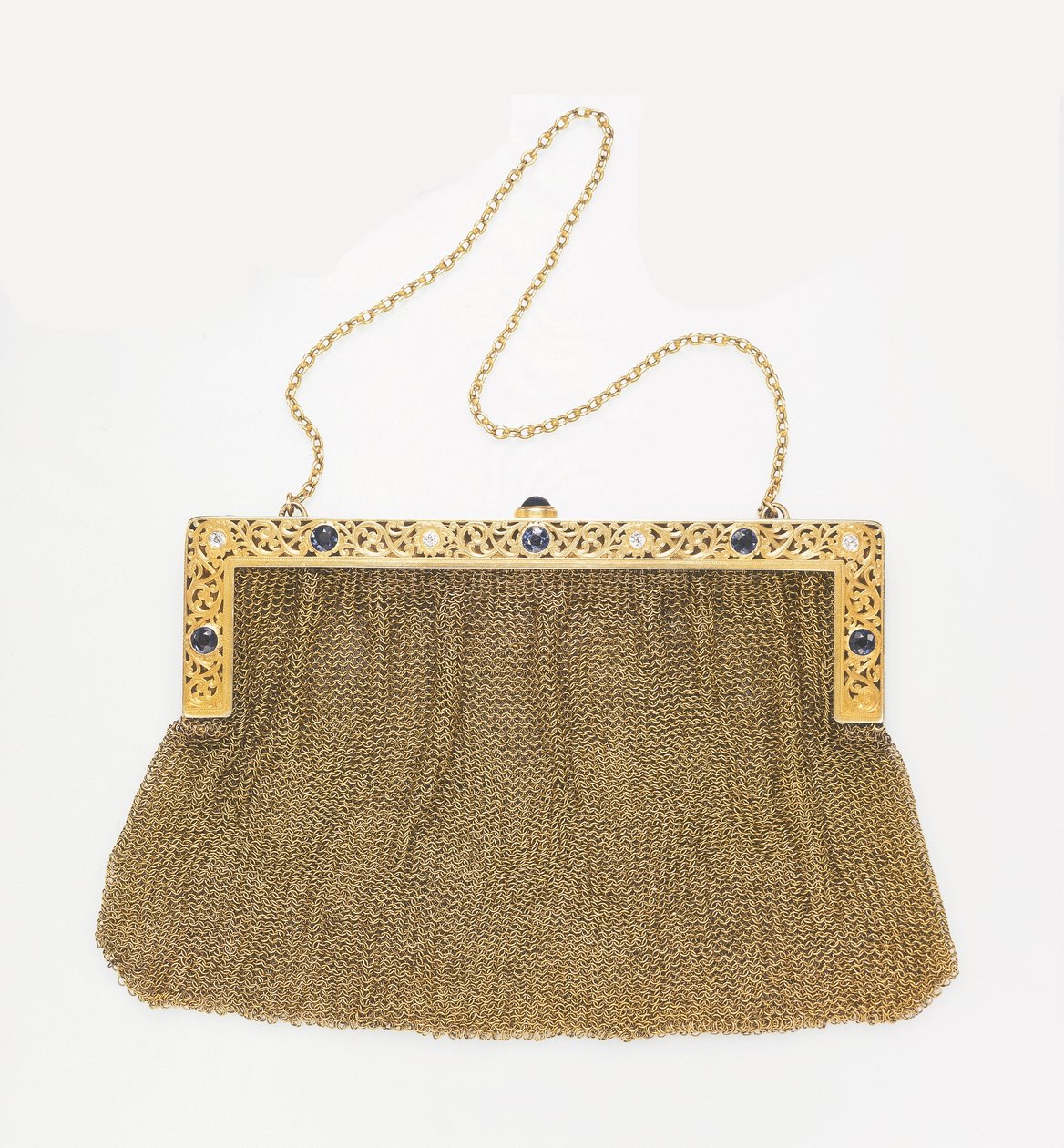 एंटीक ईवनिंग बैग, ब्लैक, स्टार और फ्रॉस्ट द्वारा, c.1890 (नीलम, हीरा और सोने की जाली) द्वारा अमेरिकी स्कूल