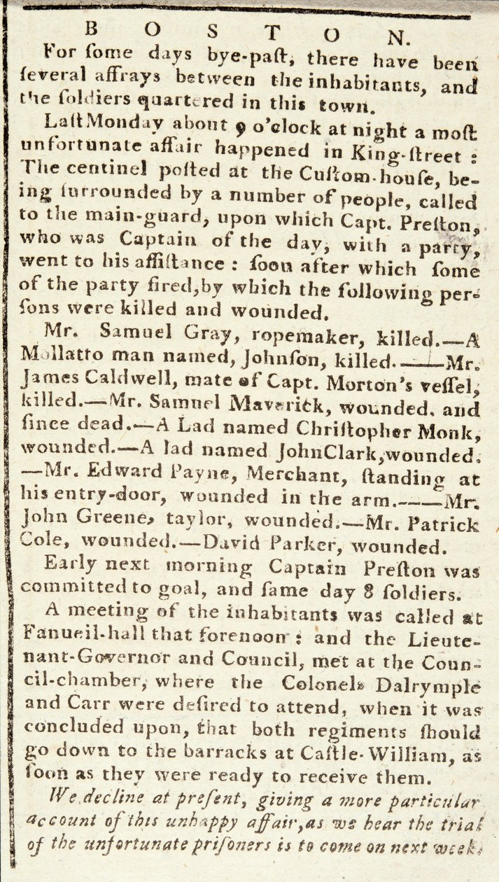 5 मार्च, 1770 को बोस्टन नरसंहार की घटनाओं का विस्तार करते हुए बोस्टन क्रॉनिकल का लेख द्वारा अमेरिकी स्कूल