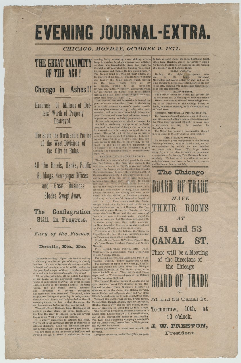 1871 के शिकागो फायर के बारे में शिकागो इवनिंग जर्नल-एक्स्ट्रा से अनुच्छेद, 9 अक्टूबर 1871 द्वारा अमेरिकी स्कूल