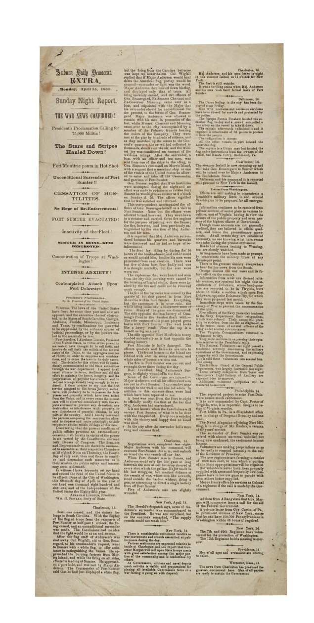 ऑबर्न डेली डेमोक्रेट अतिरिक्त पुन: फोर्ट सम्टर, 15 अप्रैल 1861 द्वारा अमेरिकी स्कूल