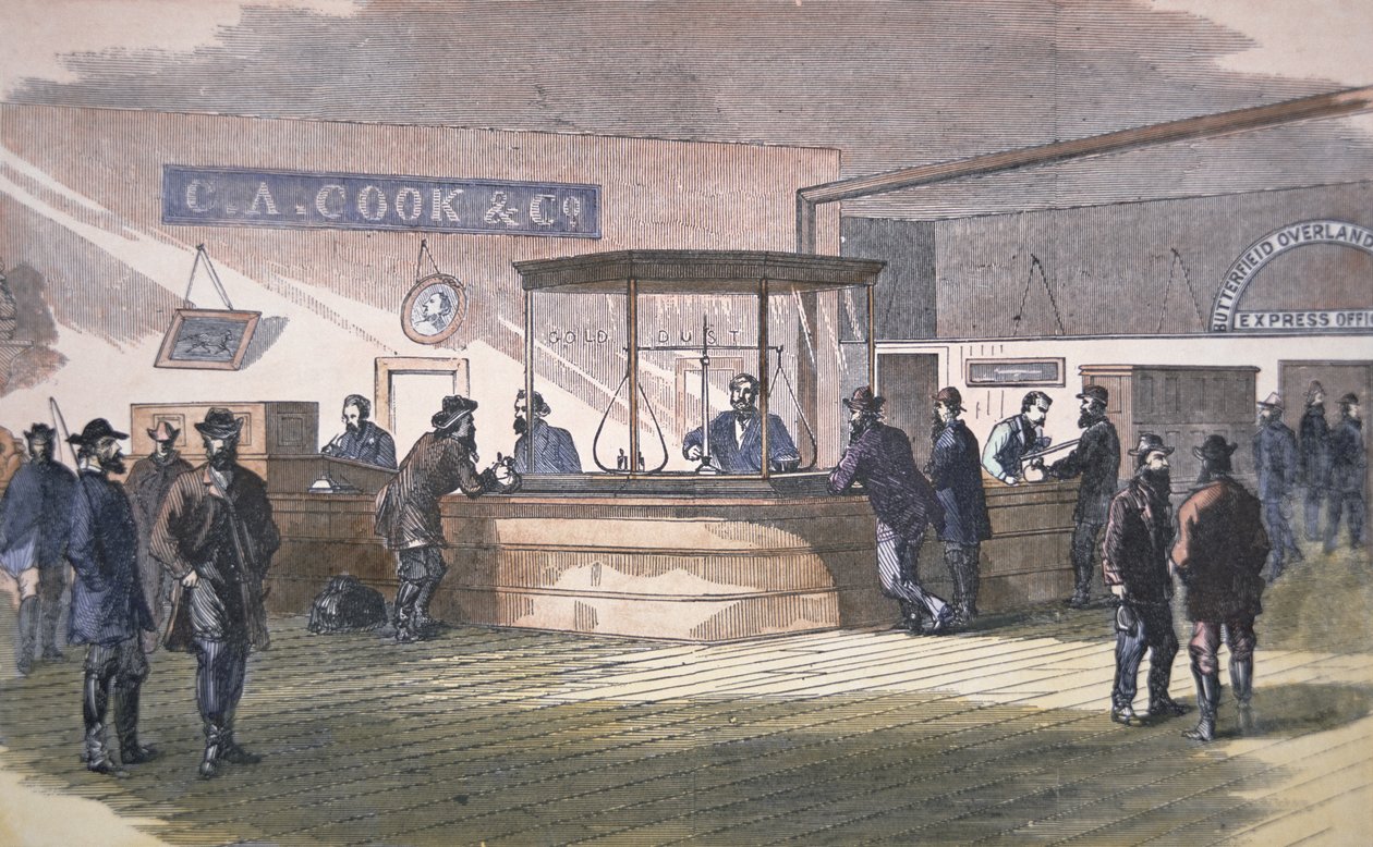 सैन फ्रांसिस्को में बैंक, c.1860 (रंगीन उत्कीर्णन) द्वारा अमेरिकी स्कूल